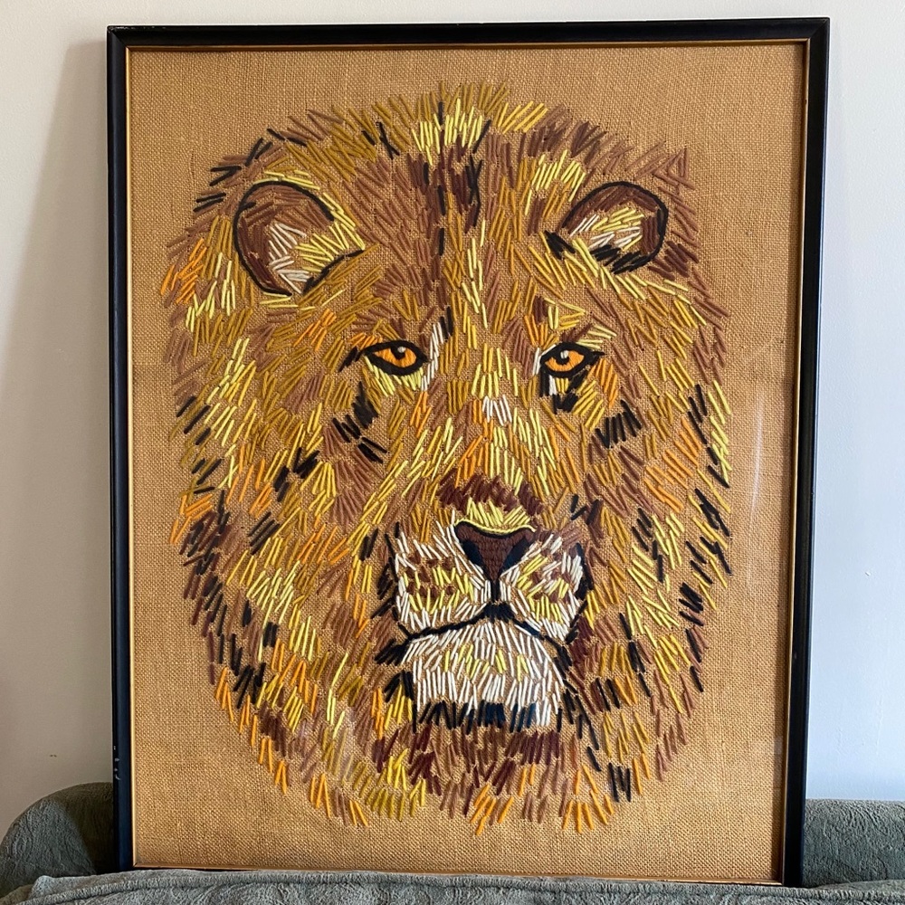Huge vintage mid century modern lion embroidery
